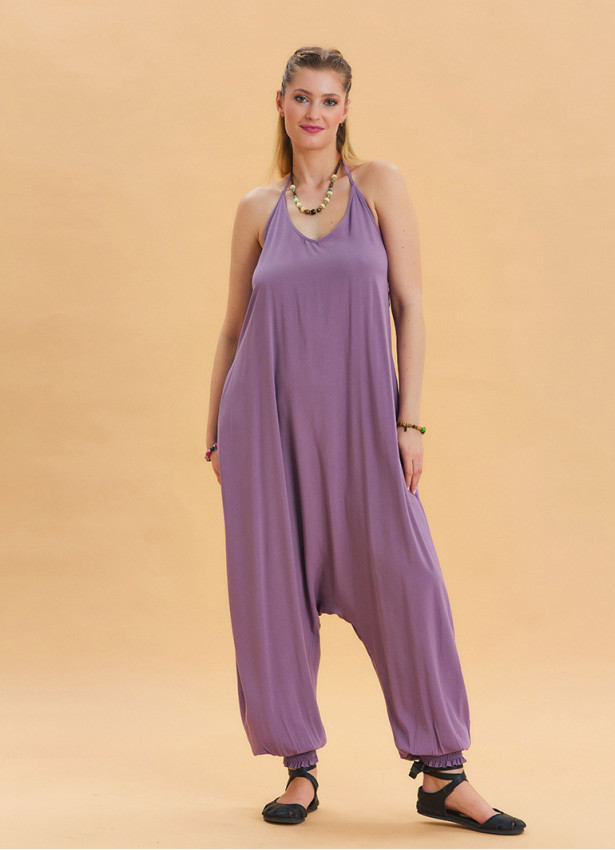 Lilac Bohemian Jumpsuit with Elasticated Legs and Tied Neck 4486